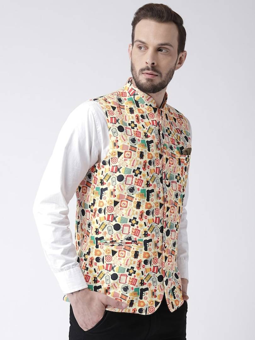 Men's Multicoloured 
Cotton Blend
 Printed Nehru Jackets